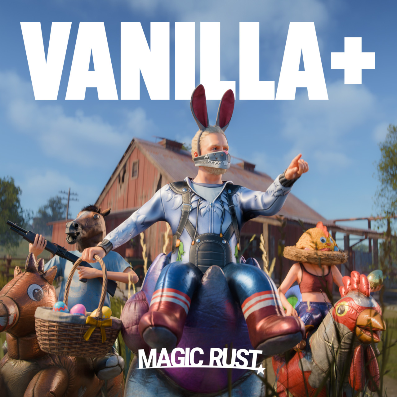 Vanilla+ server announcement with a rabbit-eared Rust character riding an inflatable animal beside other costumed characters.