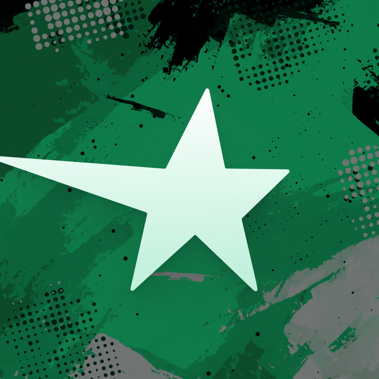 White Magic Rust star on a green background with black brush marks and halftone dots.