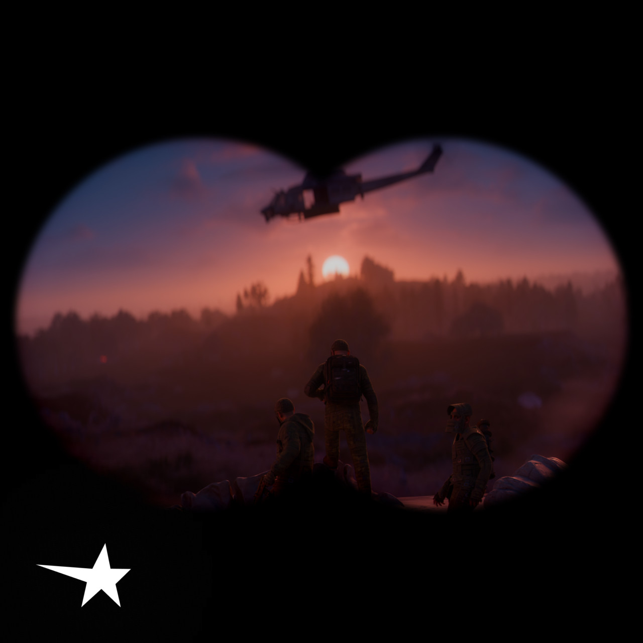 Rust characters and a helicopter at sunset, seen through a binocular-shaped frame.