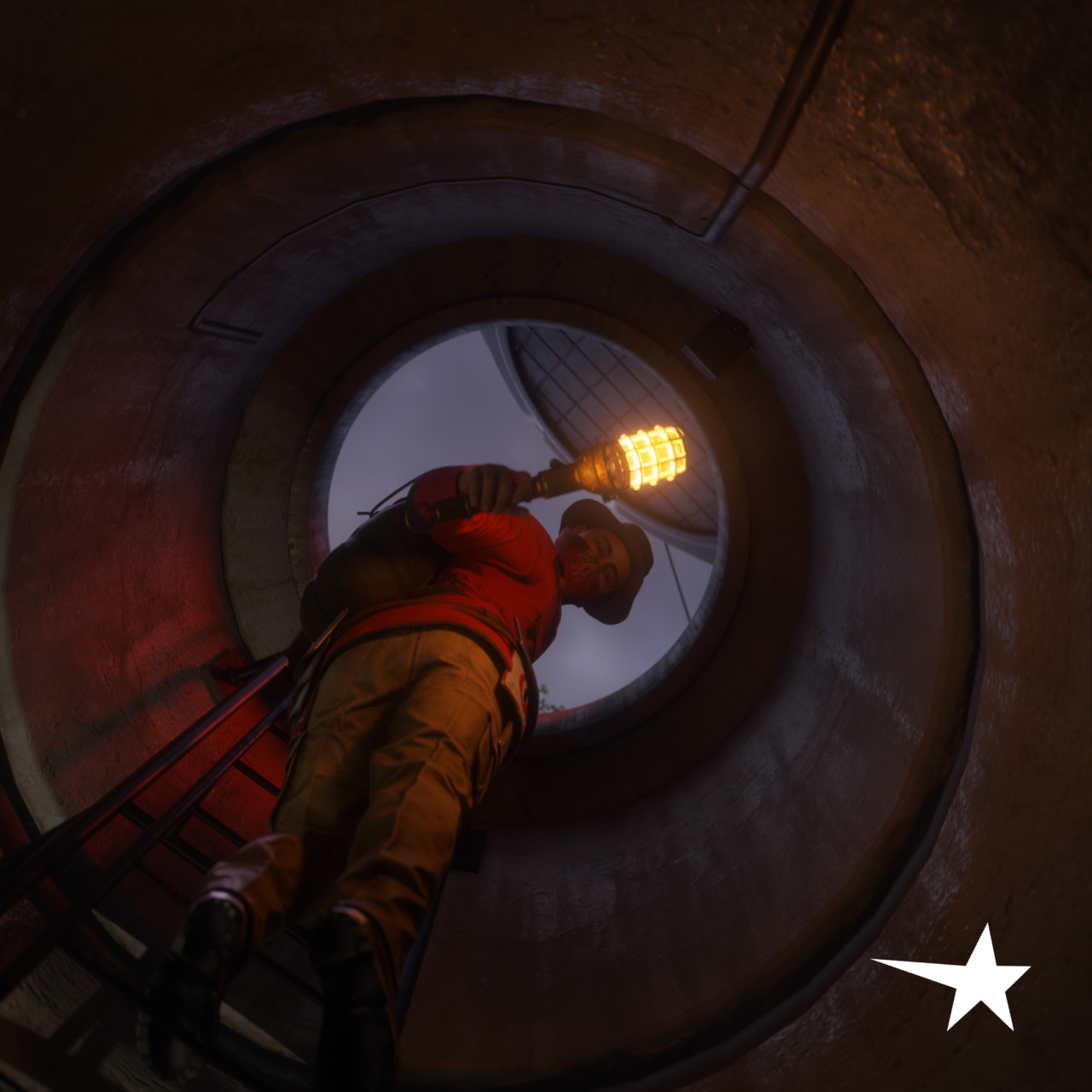A Rust character with a glowing torch leaning over an open circular hatch, viewed from below.