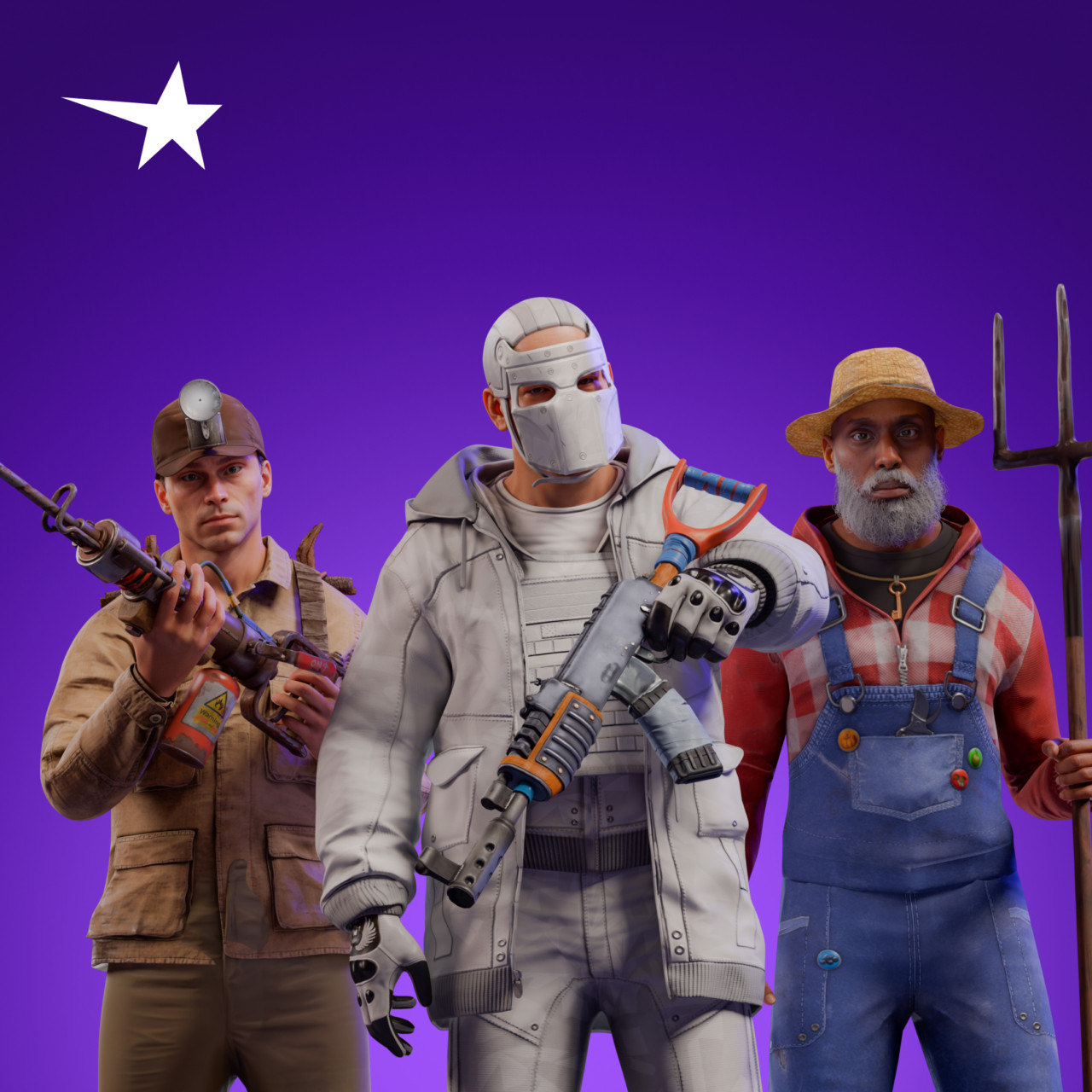 Three Rust characters on a violet gradient background, with a masked character in white at the center.