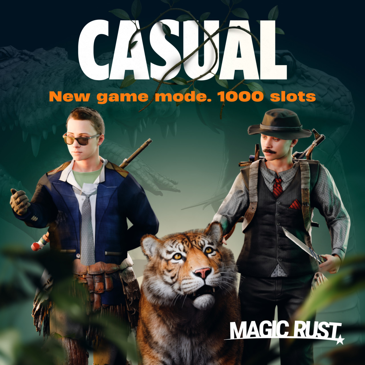Casual game mode poster with two Rust characters and a tiger against a dark green jungle scene.