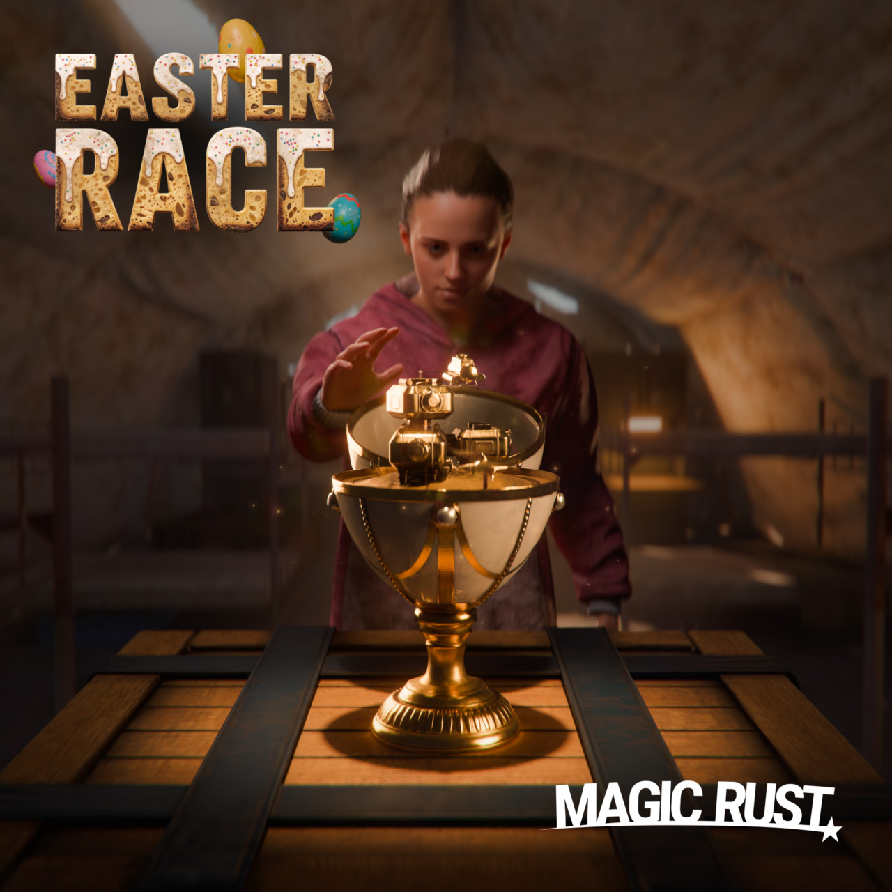 Easter Race poster with biscuit lettering and a Rust character reaching toward a golden trophy inside a warmly lit cave.