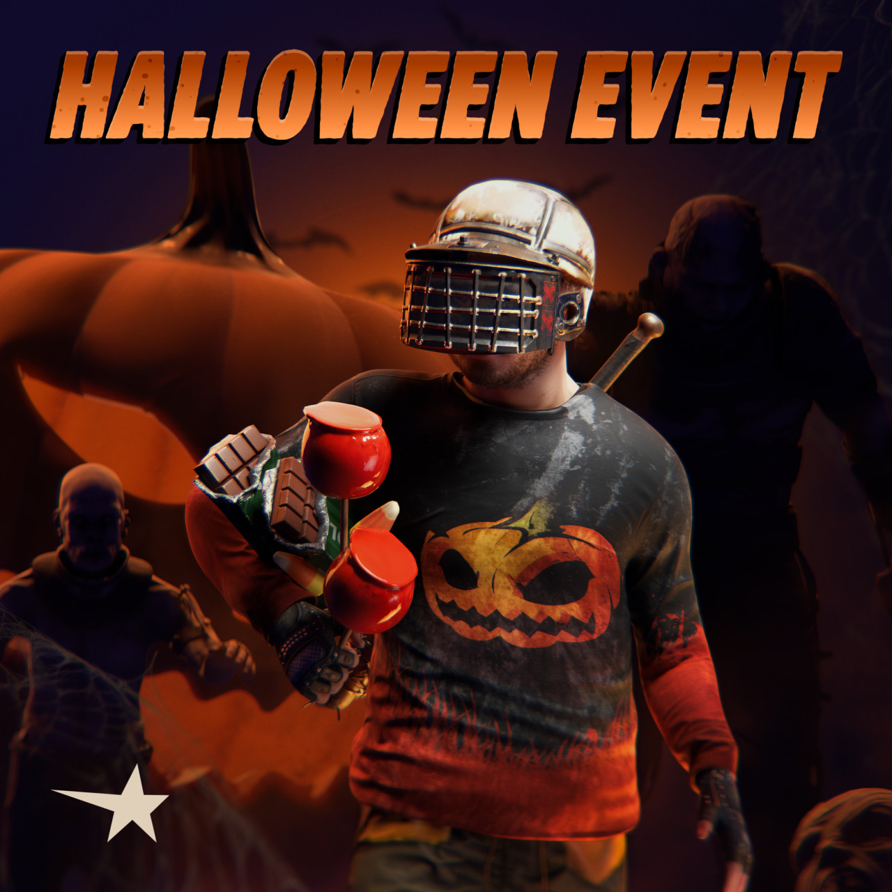 Halloween Event poster with an armored Rust character carrying sweets in front of a giant orange pumpkin.