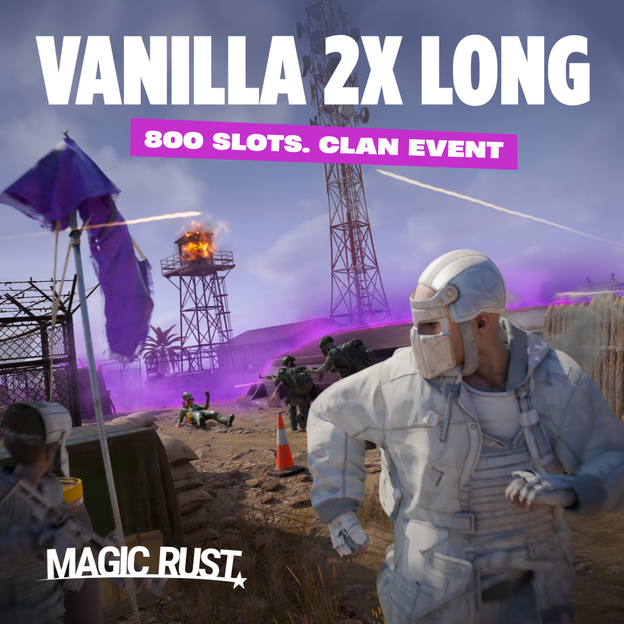 Vanilla 2X Long poster with a white armored Rust character, a battlefield and vivid violet smoke.
