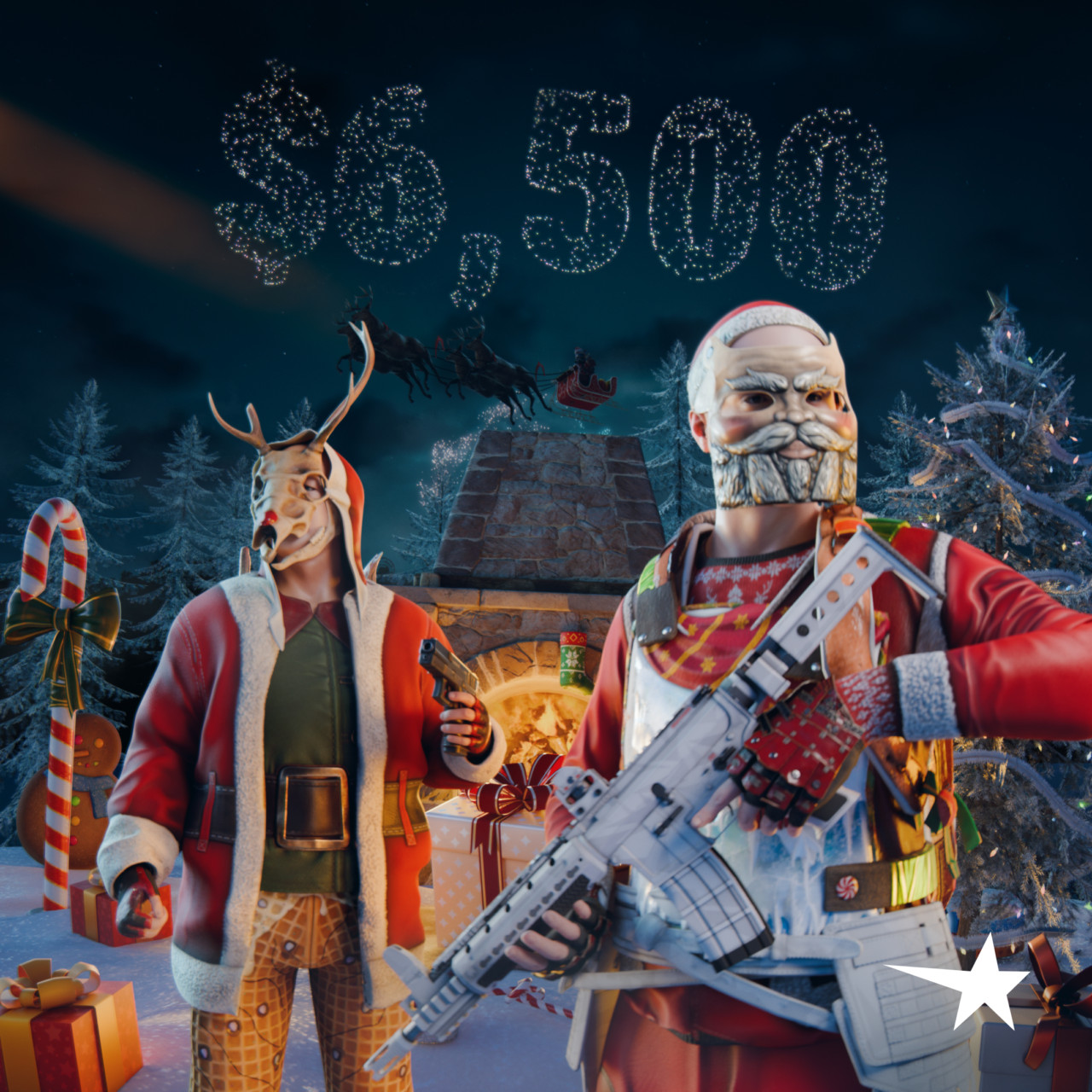 New Year’s Event poster with Santa and reindeer themed Rust characters, snowy trees and a warm fireplace.