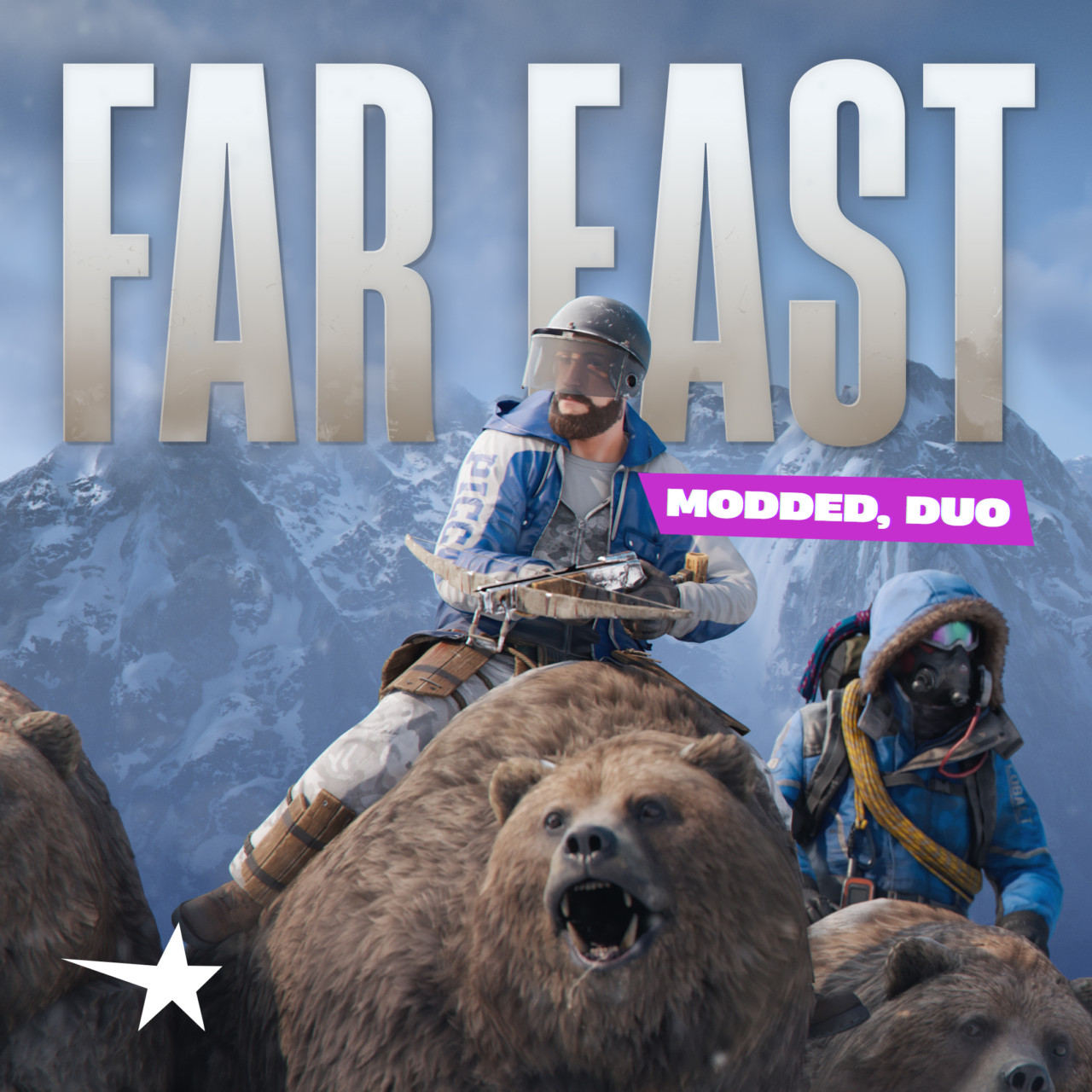 Far East server poster with Rust characters riding a bear in a blue snowy mountain landscape.