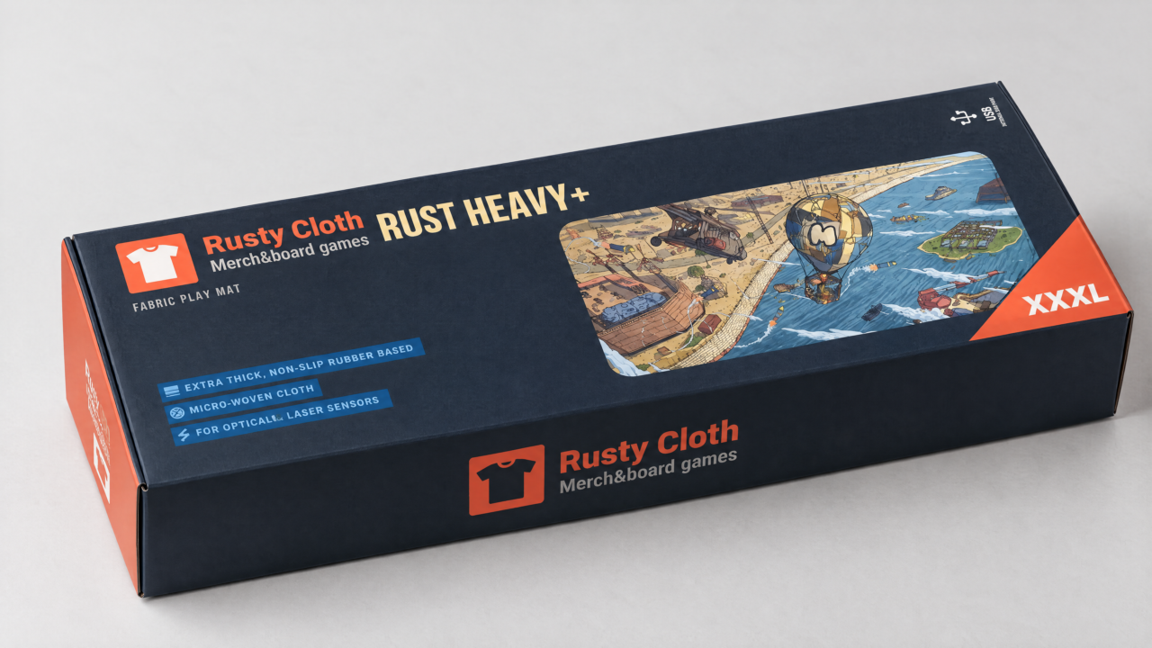 Orange and blue game-mat packaging with Rusty Cloth and Mehoel graphics.