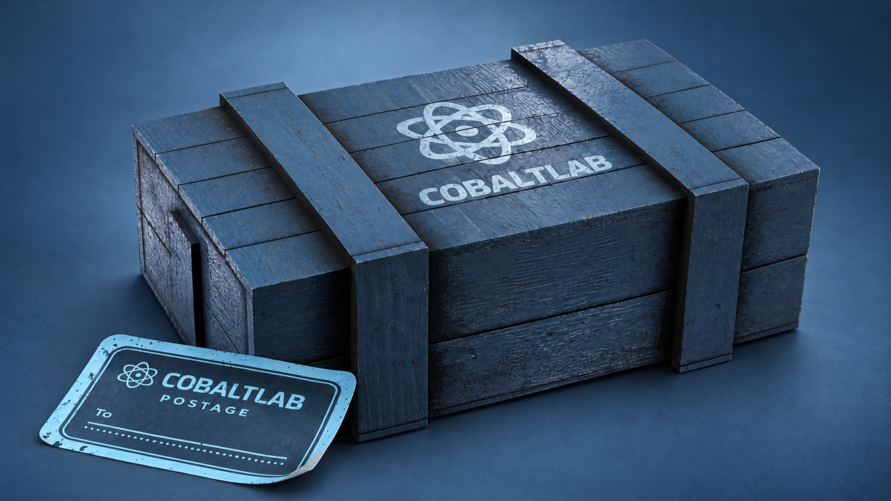 Blue wooden Cobalt Lab crate and a slightly curled COBALTLAB POSTAGE sticker on a blue gradient background.