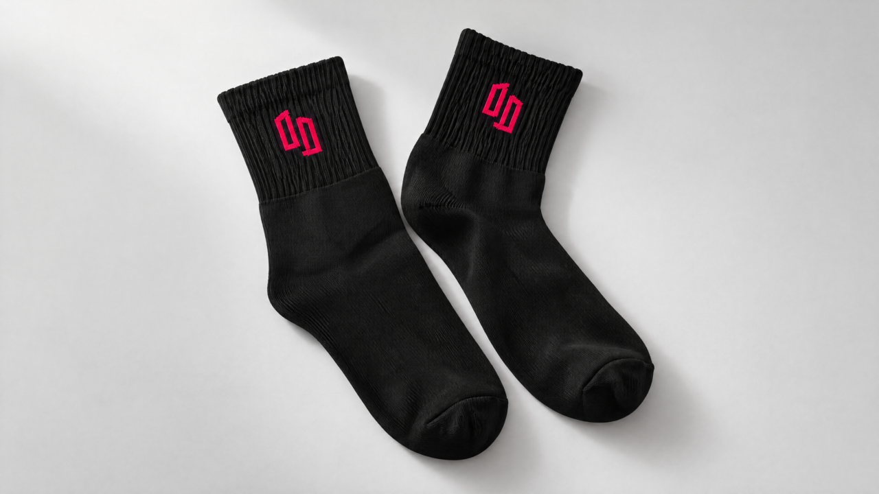 Black socks with the ДЕРЖИ ДВЕРЬ graphic.