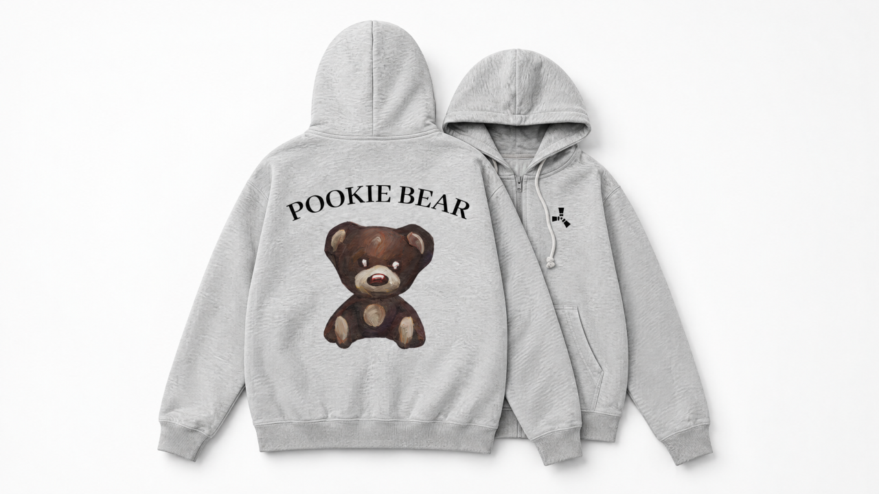 Two views of the same grey hoodie: POOKIE BEAR back in front, zip front behind on the right.