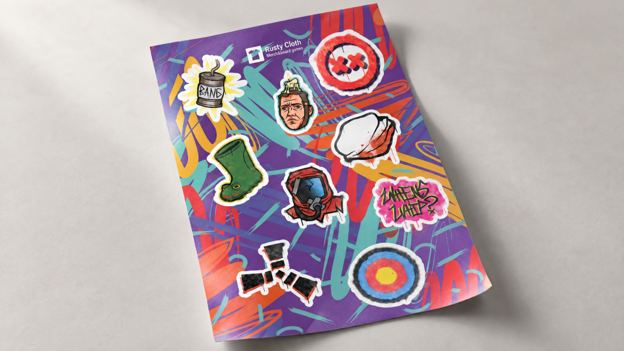 Printed sticker sheet with colourful Rust illustrations.